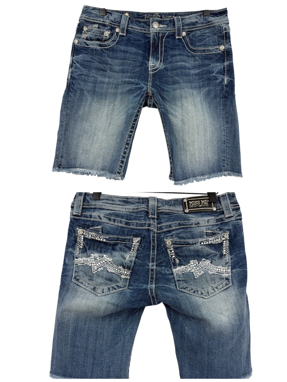 MISS ME Rhinestone Embellished Bermuda Denim Raw-Hem Shorts - 30 - Medium Wash